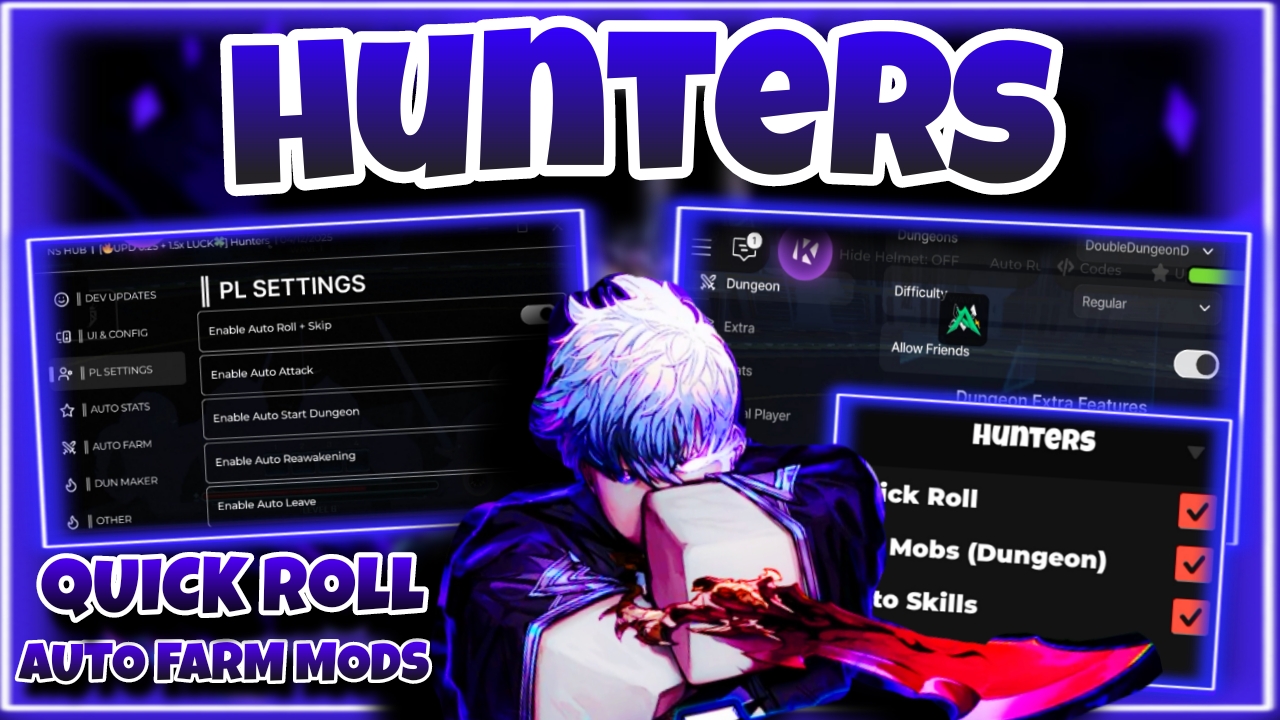 [OP]✨Roblox script hunters✨|Top 3 best script auto farm mods,quick roll,Skill,dungeon