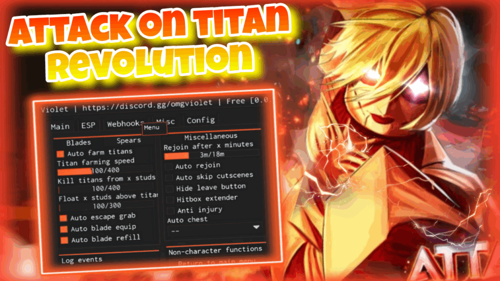 [OP]Roblox attack on titan revolution|best script auto farm titans,Hitbox,esp,spears|Violet|*FREE*