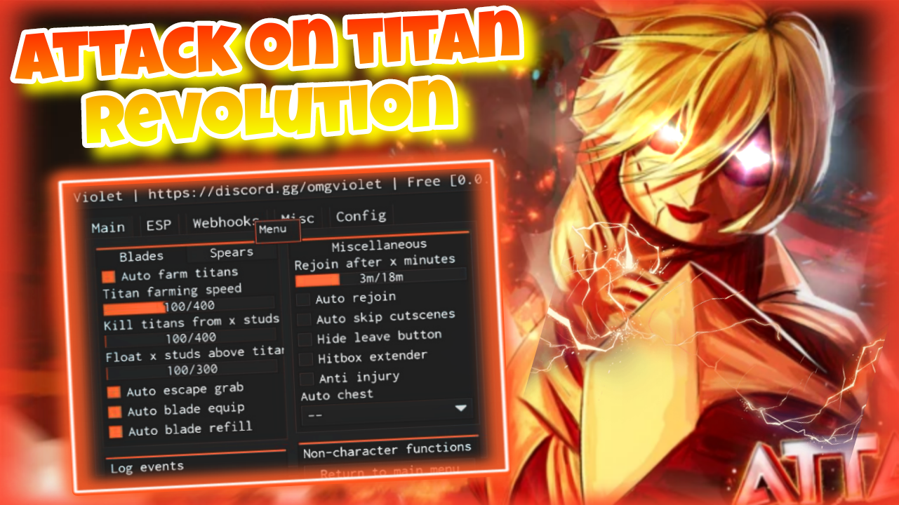 [OP]Roblox attack on titan revolution|best script auto farm titans,Hitbox,esp,spears|Violet|*FREE*