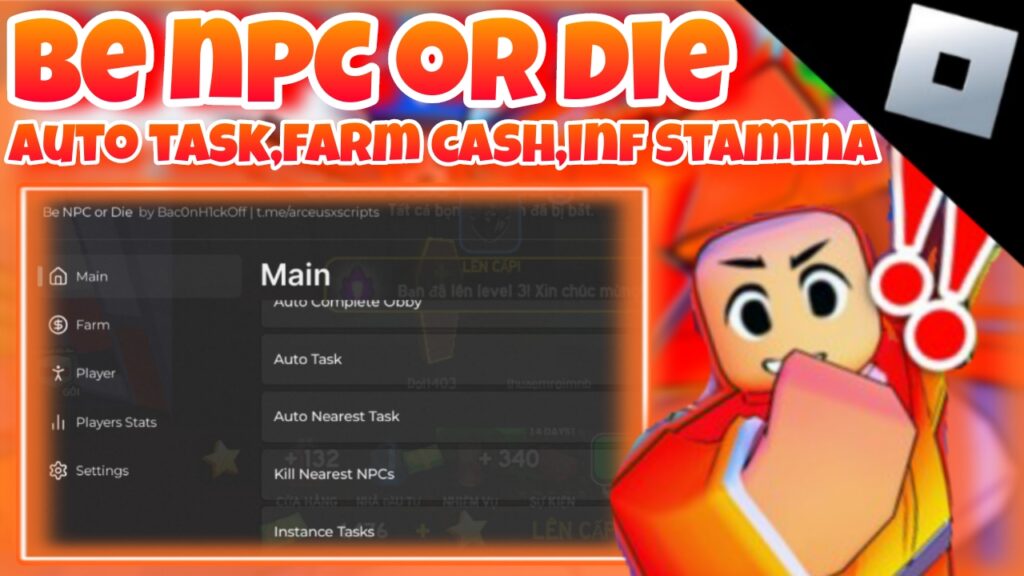 [OP]🎯Roblox Be NPC Or Die🎯|Best script auto task,farm cash,inf stamina,esp,…|Bac0nHckOff|*KEYLESS*
